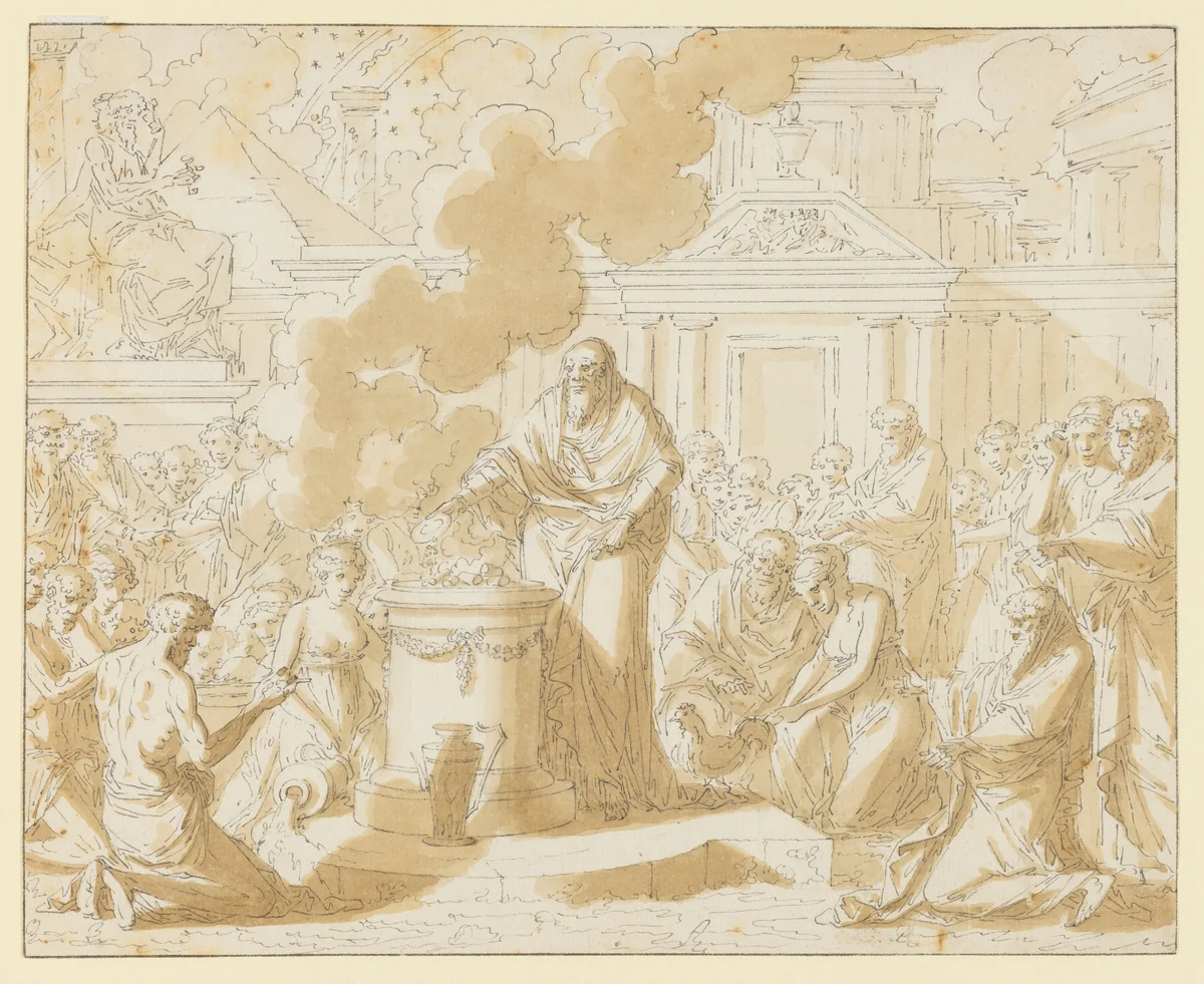 Classical Scene with Figures Gathered around a Sacrificial Altar by Louis Félix de La Rue, drawing, 1755-1765