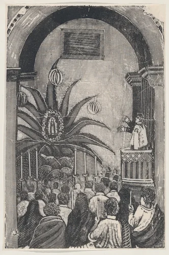 A priest conducting mass from a balcony, an image of the Virgin of Guadalupe set in palm tree by José Guadalupe Posada, print, 1889-1899