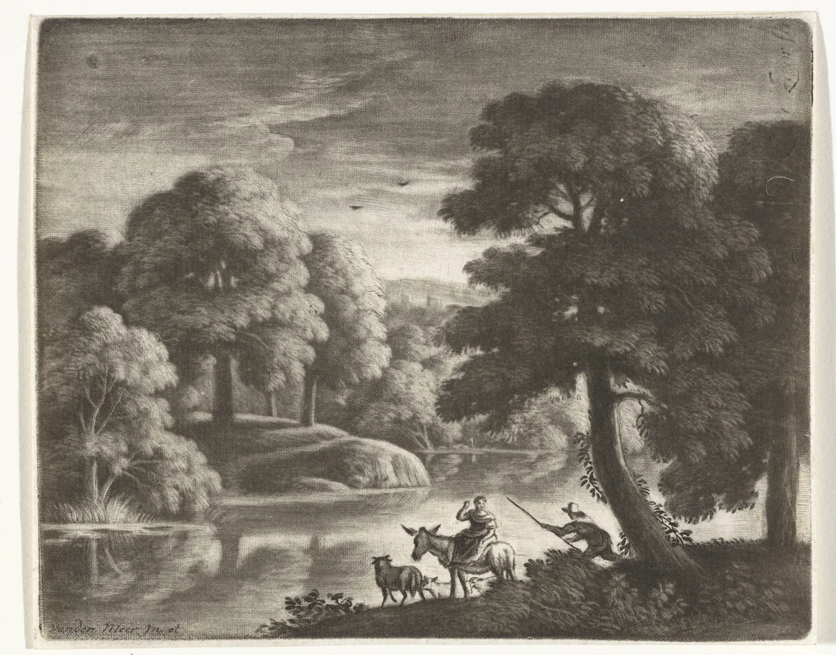 Landschap met herder en herderin by Pieter Louw, print, 1743-1800