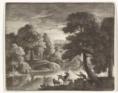 Landschap met herder en herderin by Pieter Louw, print, 1743-1800