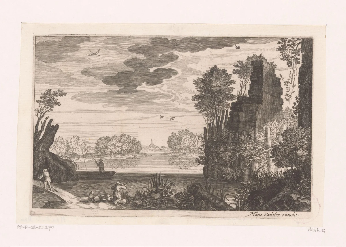 Riviergezicht met ruïne, een visser en een jager by Isaak Major, print, 1586-1630