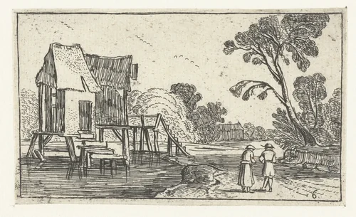 Pad langs een rivier met gebouwen op palen by anonymous, print, 1610-1617
