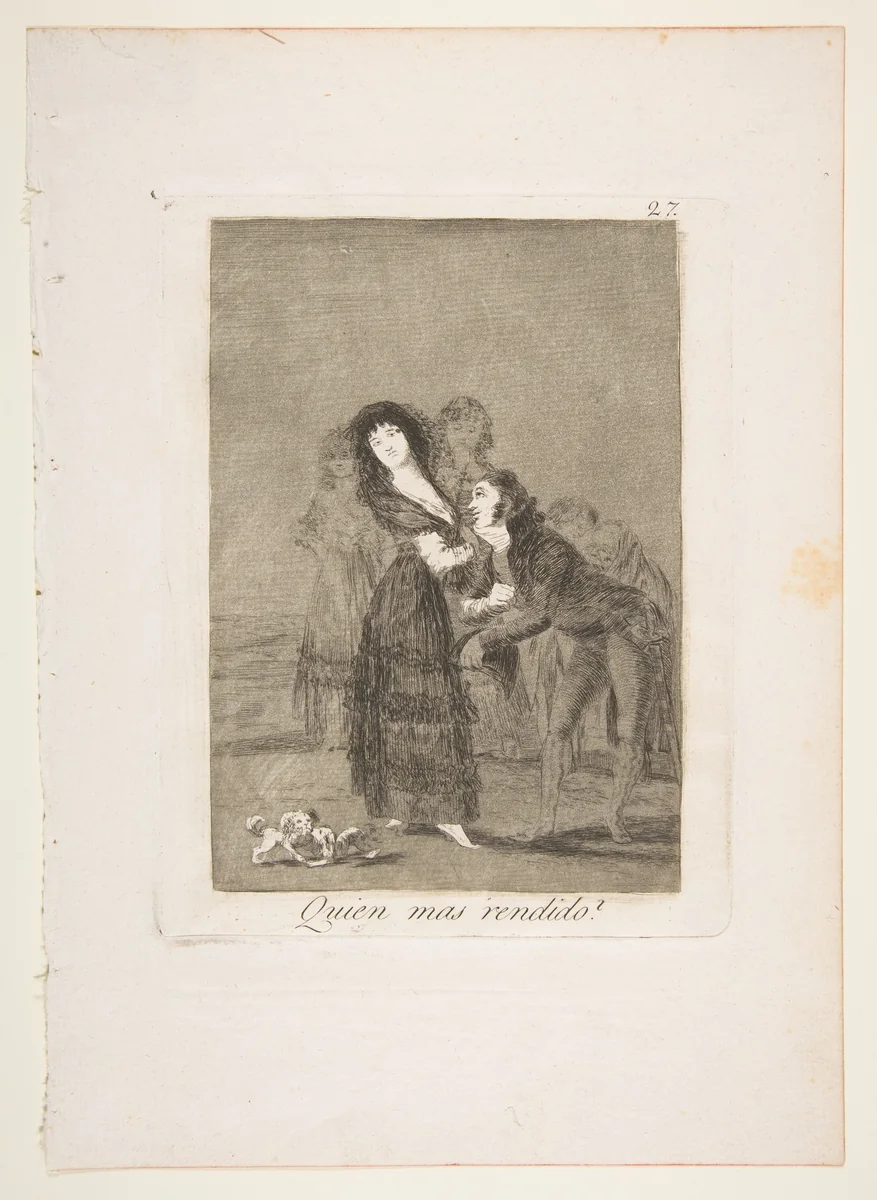 Plate 27 from "Los Caprichos": Which of them is the more overcome? (Quien mas rendido?) by Goya, print, 1799