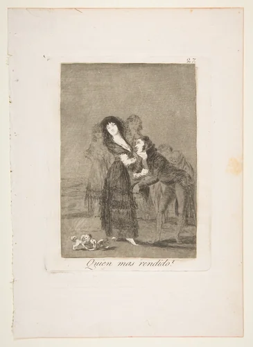 Plate 27 from "Los Caprichos": Which of them is the more overcome? (Quien mas rendido?) by Goya, print, 1799