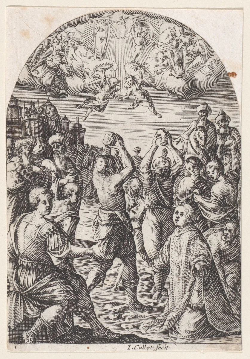 The Martyrdom of St. Stephen, plate 1 from "Les Tableaux de Rome, Les Eglises Jubilaires" (The Paintings of Rome, The Churches Jubilee) by Jacques Callot, print, 1607-1611