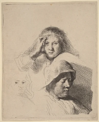 Three Heads of Women, One Lightly Etched by Rembrandt van Rijn, print, 1637