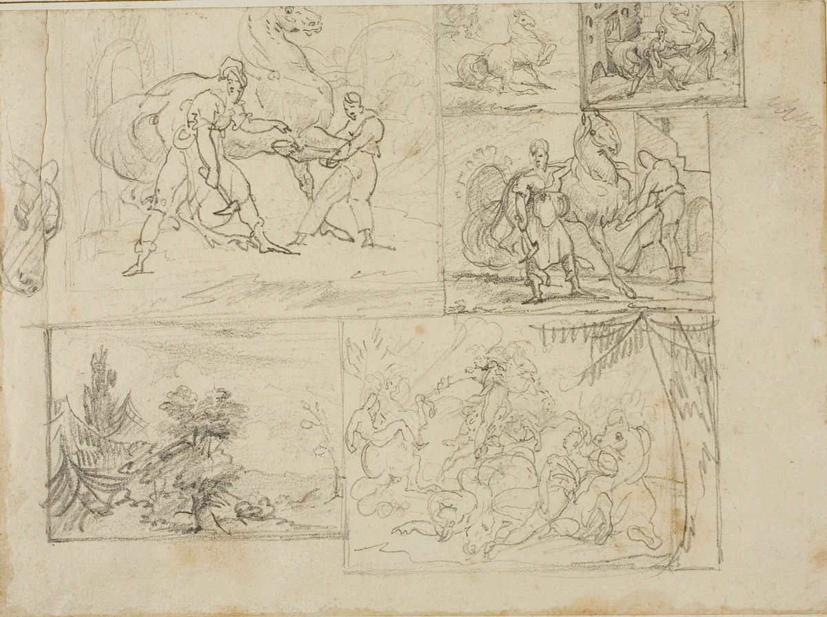 Three Studies with Sketches of a Wooded Landscape and a Cavalry Battle by Jean Louis André Théodore Géricault, drawing, 1813-1814