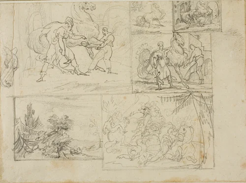 Three Studies with Sketches of a Wooded Landscape and a Cavalry Battle by Jean Louis André Théodore Géricault, drawing, 1813-1814