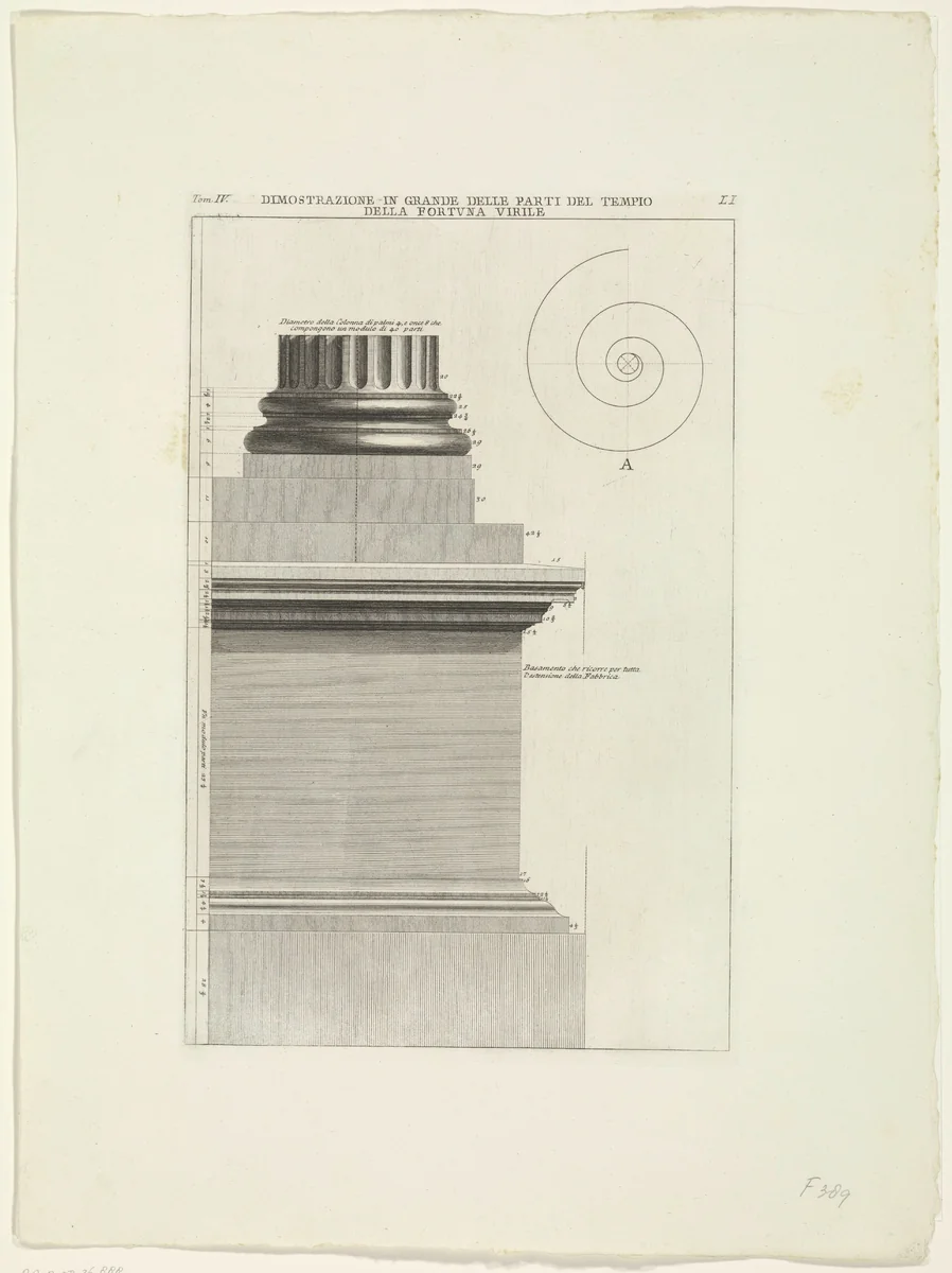 Basement van een zuil van de Tempel van Portunus te Rome by Giovanni Battista Piranesi, print, 1756-1757