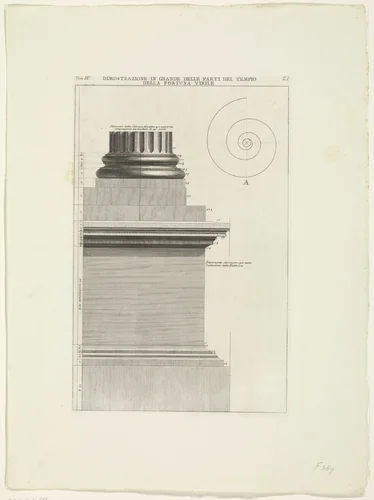 Basement van een zuil van de Tempel van Portunus te Rome by Giovanni Battista Piranesi, print, 1756-1757