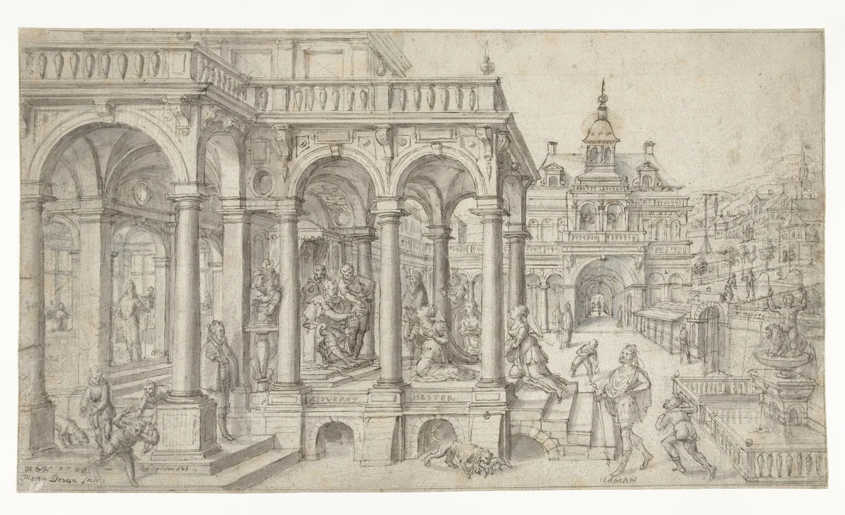 Esther en Ahasverus by Hans Vredeman de Vries, drawing, 1589