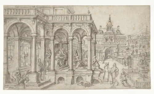 Esther en Ahasverus by Hans Vredeman de Vries, drawing, 1589