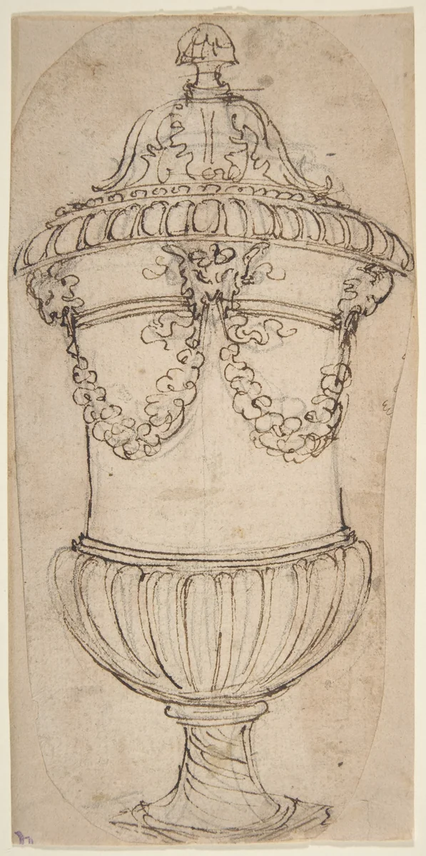 Design for a Lidded Gadrooned Vase with Satyr Heads Holding Garlands by Giovanni Battista Foggini, drawing, 1652-1725