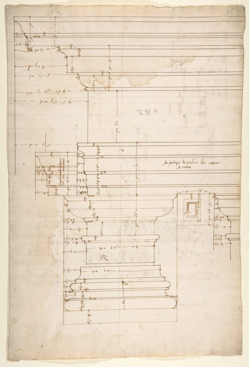 Palazzo Massimo alle Colonne, entablature, elevation (recto); Portico, Doric capital and entablature, elevation and Unknown, Corinthian cornice, elevation (verso) by anonymous, drawing, 1500-1560