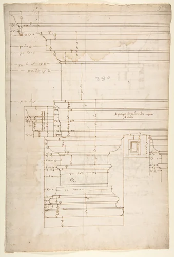 Palazzo Massimo alle Colonne, entablature, elevation (recto); Portico, Doric capital and entablature, elevation and Unknown, Corinthian cornice, elevation (verso) by anonymous, drawing, 1500-1560