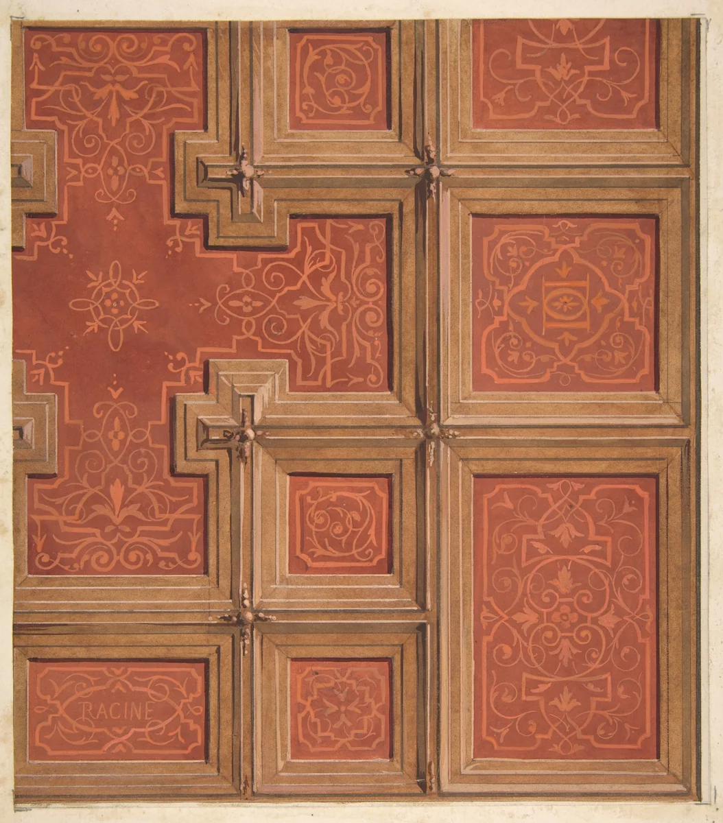 Design for the decoration of a coffered ceiling ornamented with the name "Racine" and entwined letters: DD by Jules-Edmond-Charles Lachaise, drawing, 1850-1900