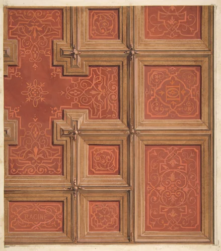 Design for the decoration of a coffered ceiling ornamented with the name "Racine" and entwined letters: DD by Jules-Edmond-Charles Lachaise, drawing, 1850-1900