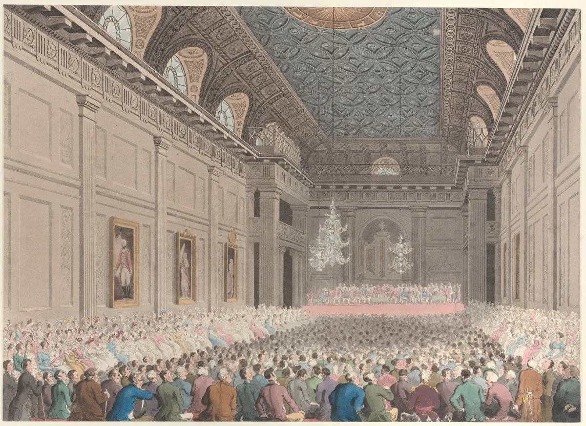 Meeting in Freemasons' Hall, Great Queen Street, London by Thomas Rowlandson, print, 1800-1820