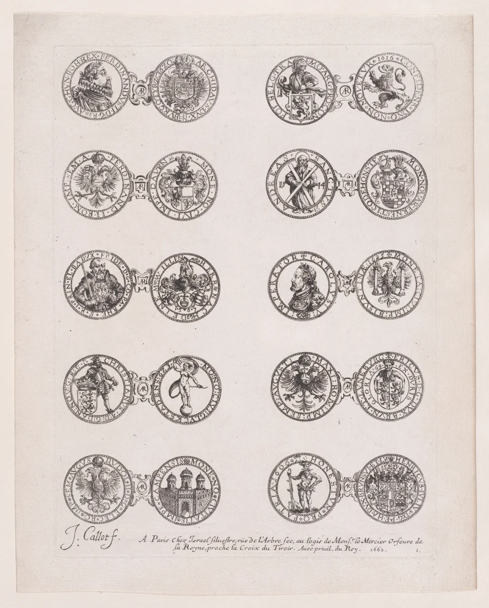 Plate 1, Featuring 10 Coins Issued by European Princes in the 16th and 17th centuries, from "Les Monnaies" (The Currencies) by Jacques Callot, print, 1625-1635