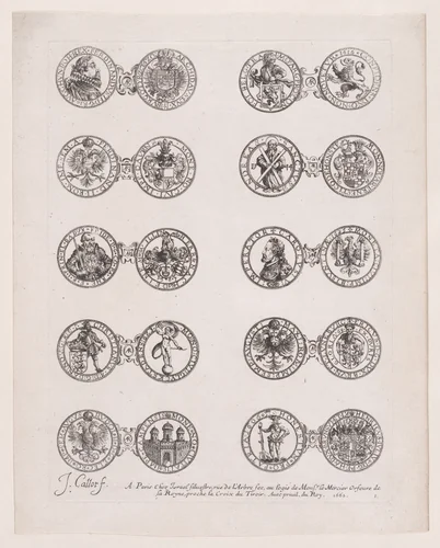 Plate 1, Featuring 10 Coins Issued by European Princes in the 16th and 17th centuries, from "Les Monnaies" (The Currencies) by Jacques Callot, print, 1625-1635