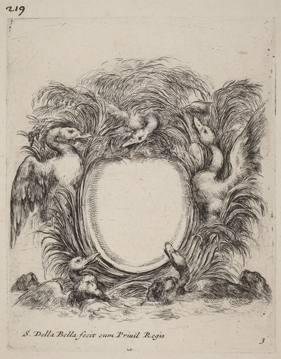 Cartouche with Ducks and Dogs by Stefano della Bella, print, 1647
