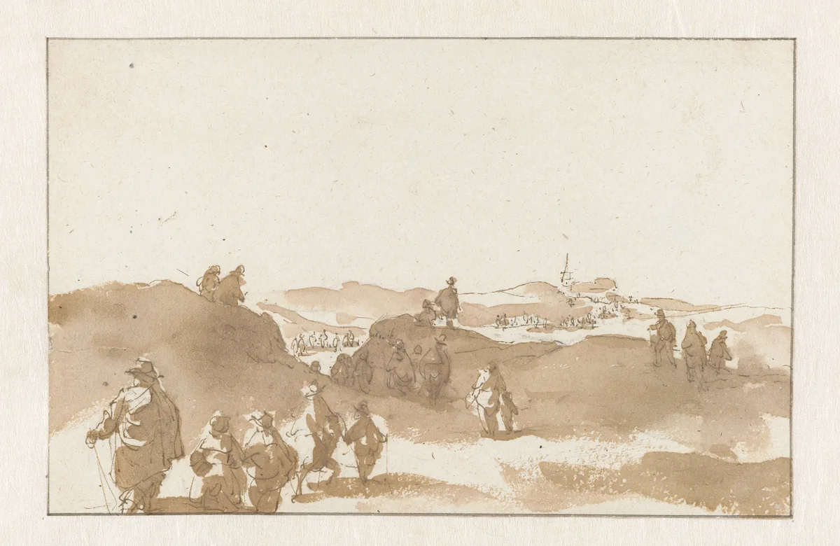 Twee schetsen van mensen in de duinen bij Scheveningen by Jan de Bisschop, drawing, 1660
