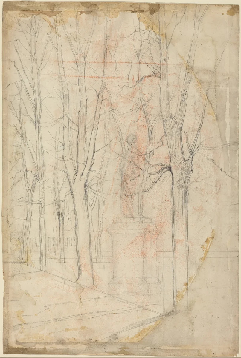 Sketch of Trees with a Statue on a Pedestal by Félix-Hilaire Buhot, drawing, 1847-1898