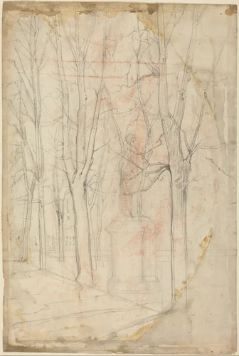 Sketch of Trees with a Statue on a Pedestal by Félix-Hilaire Buhot, drawing, 1847-1898