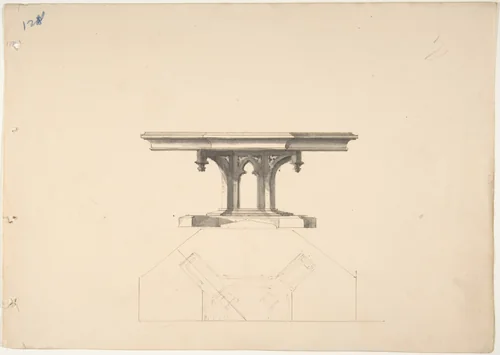 Design for an Octagonal Gothic Pedestal Table: Elevation and Plan by anonymous, drawing, 1800-1850