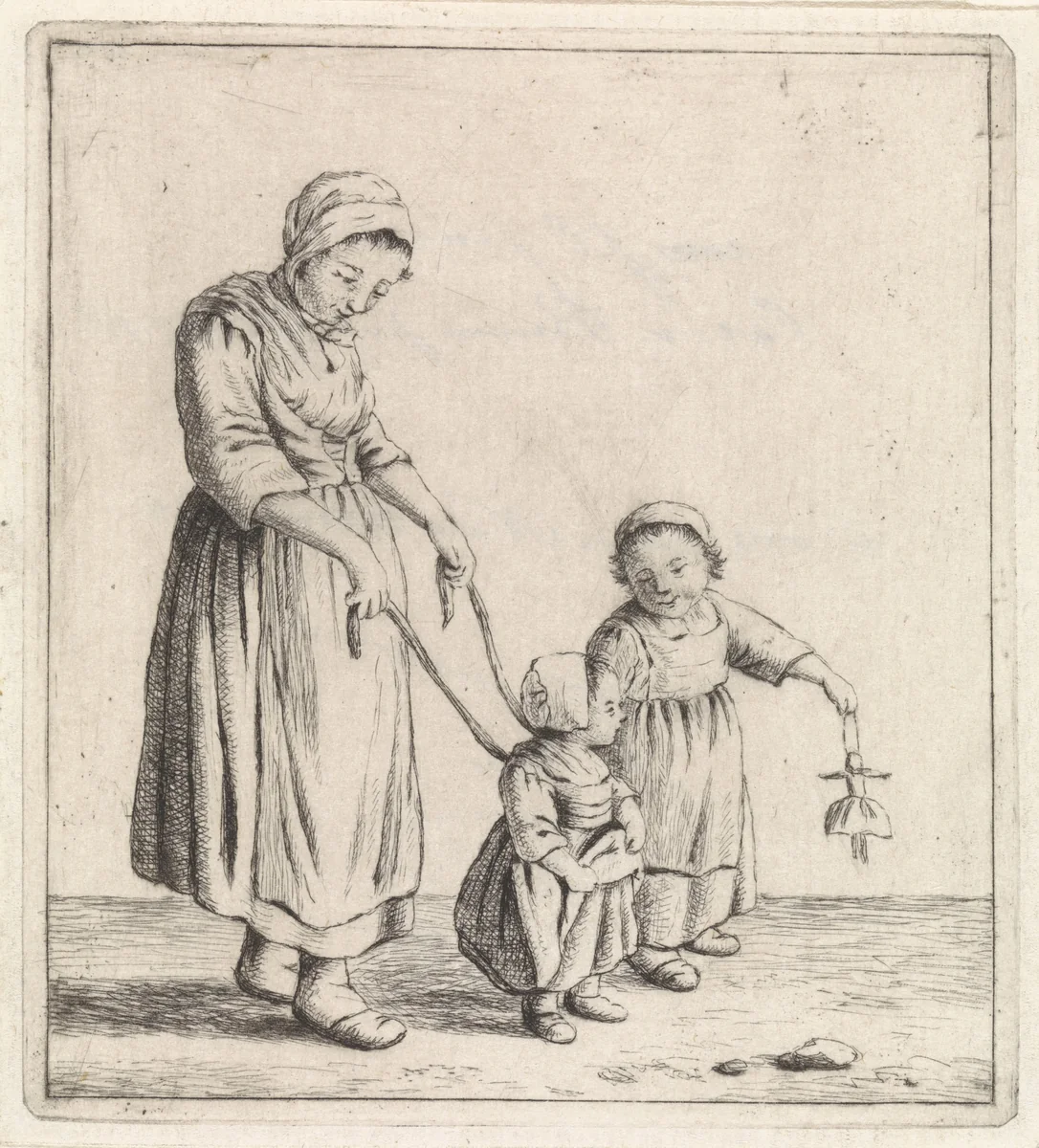 Vrouw met kind aan leiband by Johannes Christiaan Janson, print, 1778-1823