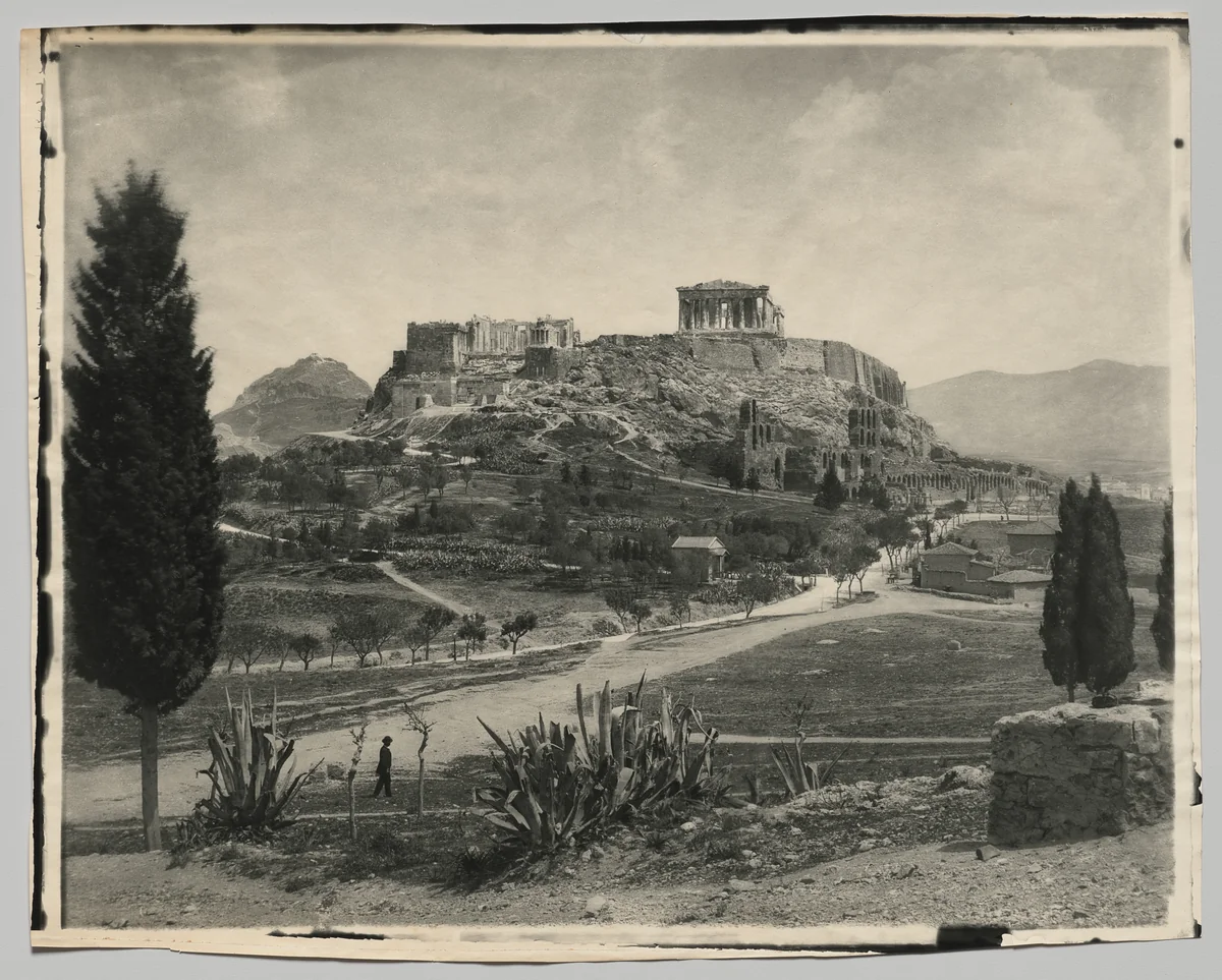 View of the Acropolis (walking man in foreground) by Adolphe Braun & Co., photograph, 1875-1895