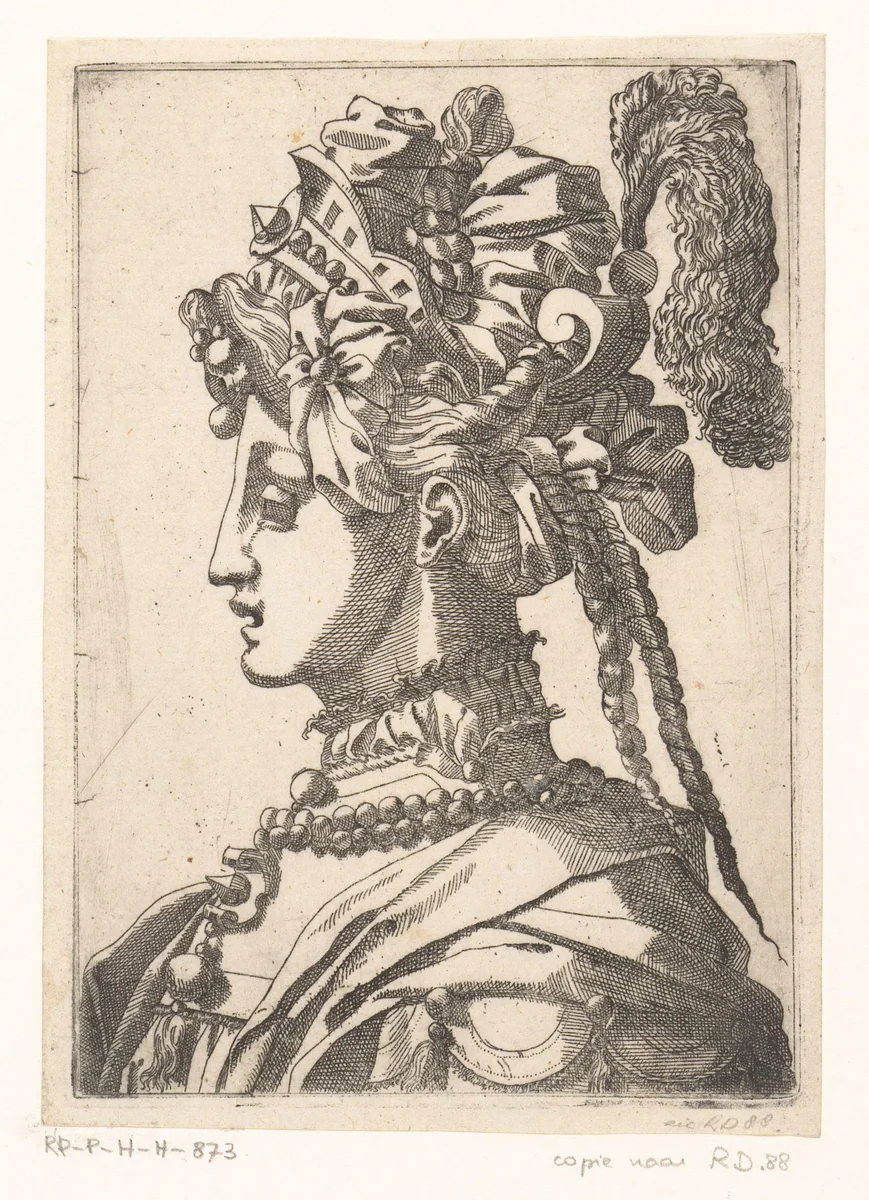 Vrouw met masker en fantasie hoofdbedekking by anonymous, print, 1535-1598