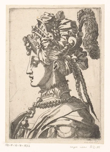 Vrouw met masker en fantasie hoofdbedekking by anonymous, print, 1535-1598