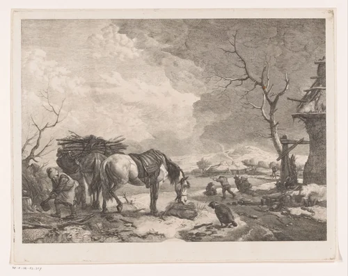 Houthakkers in een winterlandschap by Jean Moyreau, print, 1754