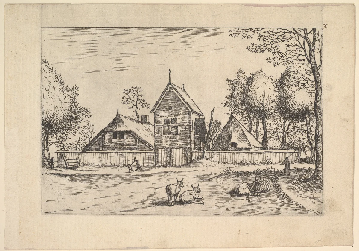 Farmstead, cows and herdsman in the foreground from Praediorum villarum et rusticarum casularum icones elenoantissimae ad vivum in apre deformatae by Johannes van Doetecum, print, 1554-1564