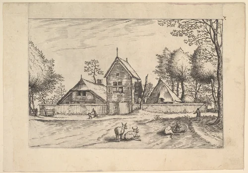 Farmstead, cows and herdsman in the foreground from Praediorum villarum et rusticarum casularum icones elenoantissimae ad vivum in apre deformatae by Johannes van Doetecum, print, 1554-1564