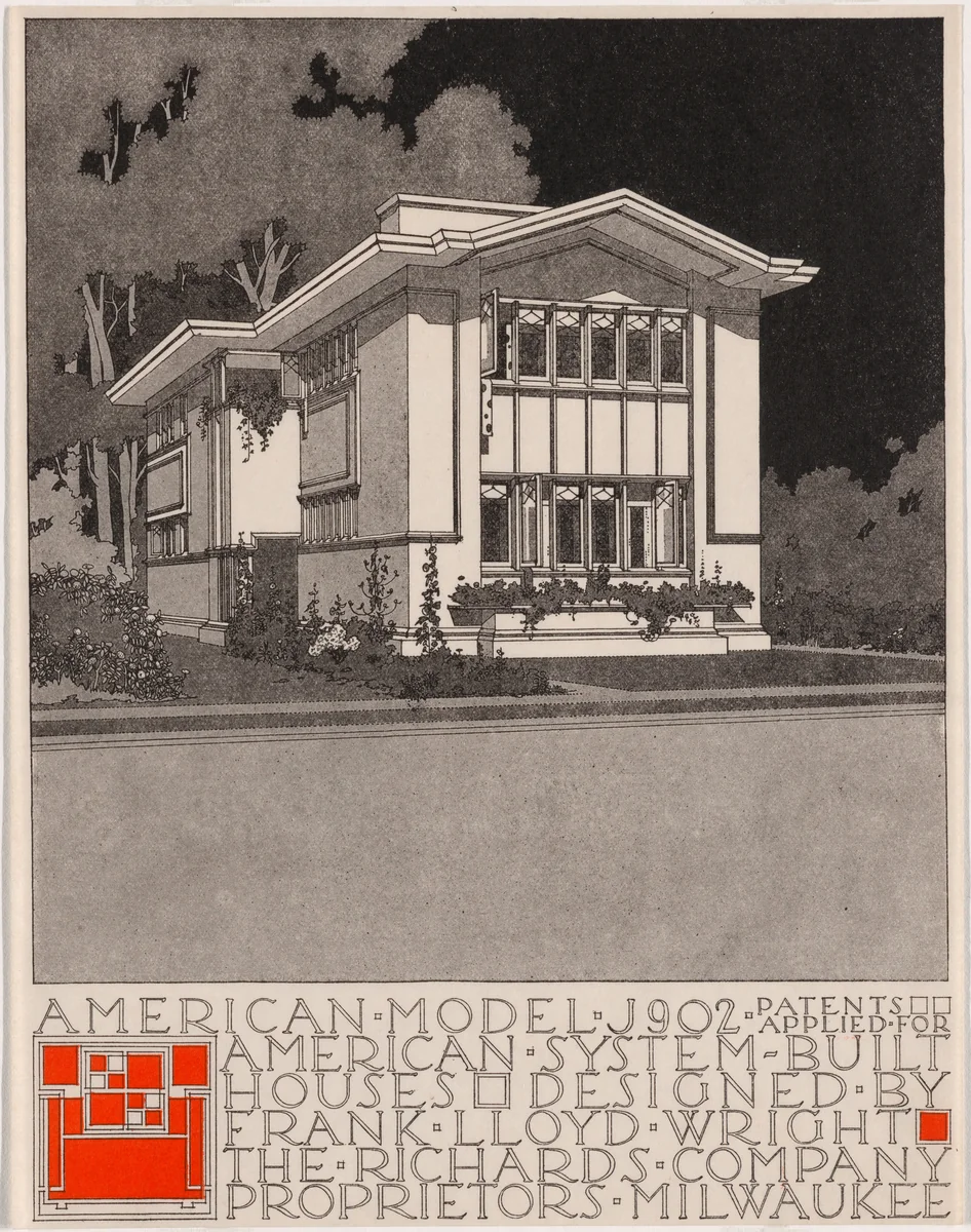 American System-Built Houses for The Richards Company, project, Milwaukee, Wisconsin, Perpsective of model J902 by Frank Lloyd Wright, architecture, 1915