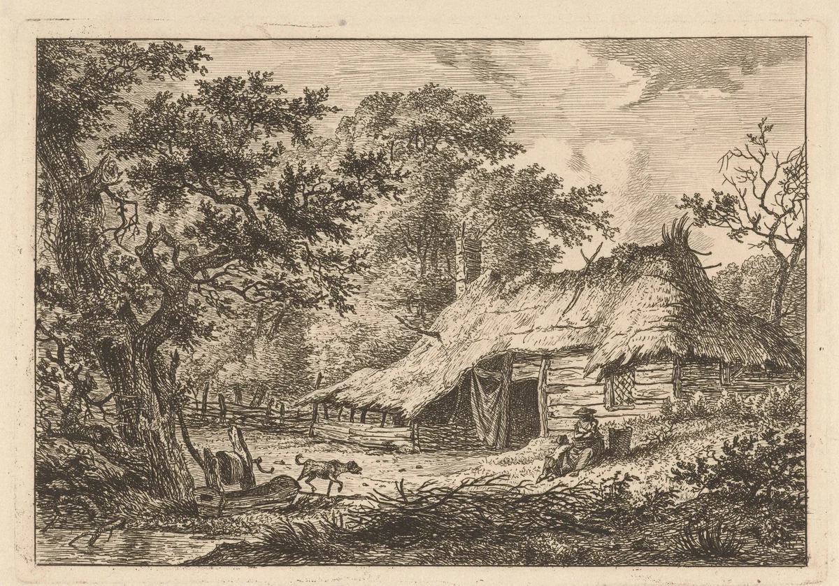Boerderij met vrouw, kind en hond by Hermanus Fock, print, 1781-1822