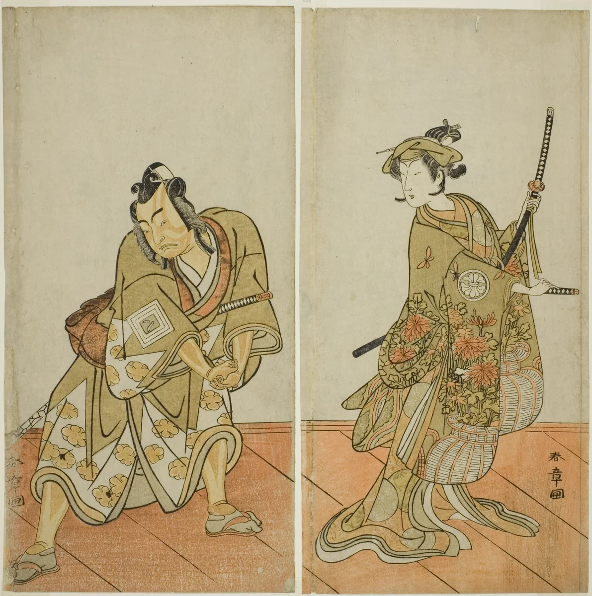 The Actors Segawa Kikunojo III as Aigo no Waka (right), and Ichikawa Yaozo II as Hachio-maru Aratora (left), in the Play Chigo Sakura Jusan Kane, Performed at the Ichimura Theater in the Eleventh Month, 1774 by Katsukawa Shunsho (勝川 春章), print, 1769-1779