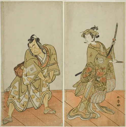The Actors Segawa Kikunojo III as Aigo no Waka (right), and Ichikawa Yaozo II as Hachio-maru Aratora (left), in the Play Chigo Sakura Jusan Kane, Performed at the Ichimura Theater in the Eleventh Month, 1774 by Katsukawa Shunsho (勝川 春章), print, 1769-1779