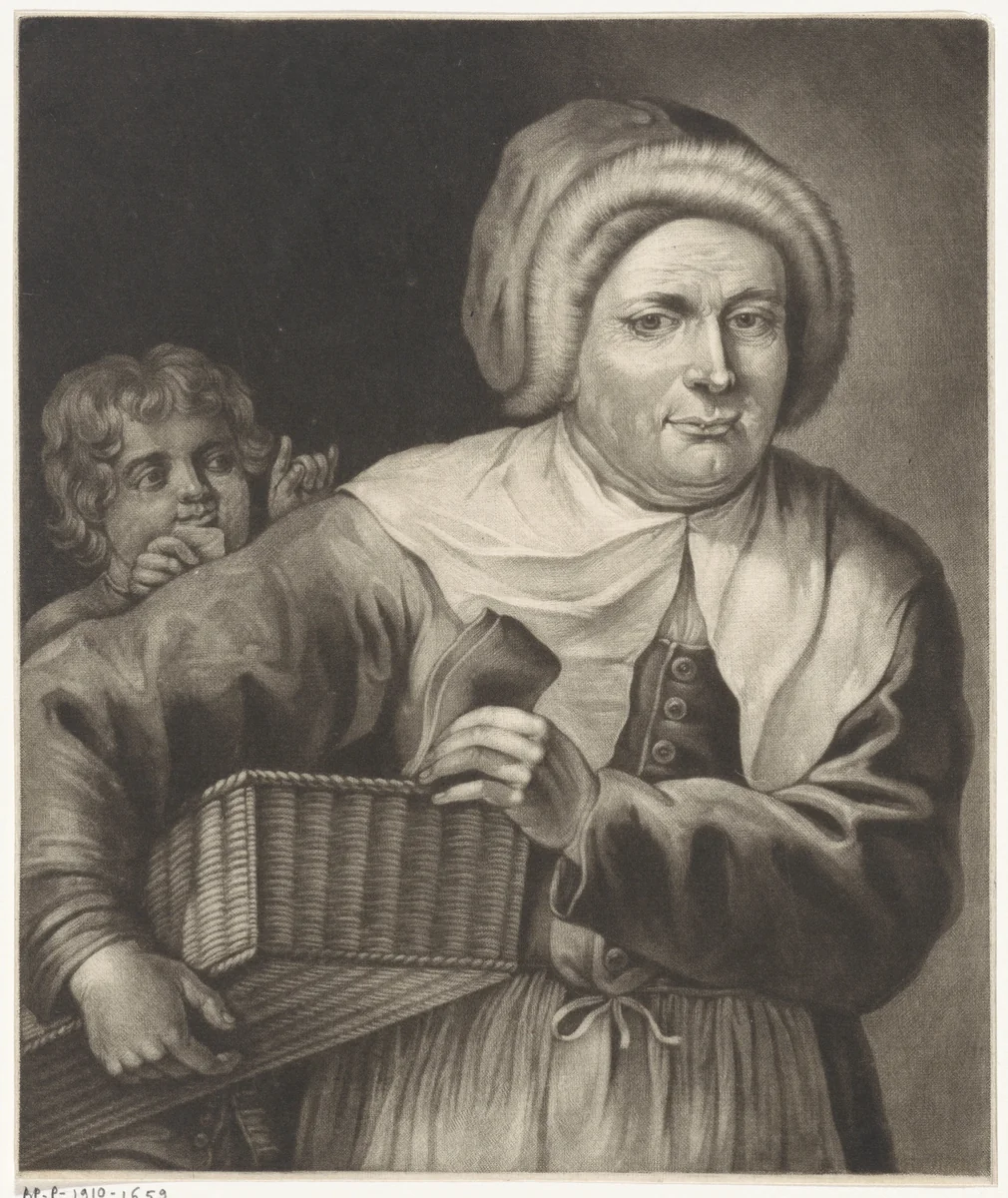 Vrouw met een mand by anonymous, print, 1650-1800