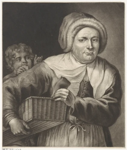 Vrouw met een mand by anonymous, print, 1650-1800