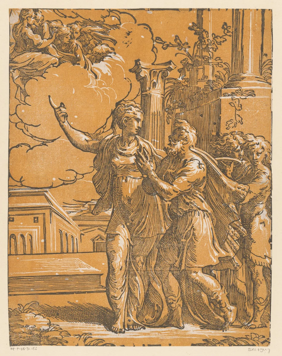 Keizer Augustus en de Tiburtijnse Sibille by Antonio da Trento, print, 1528-1530