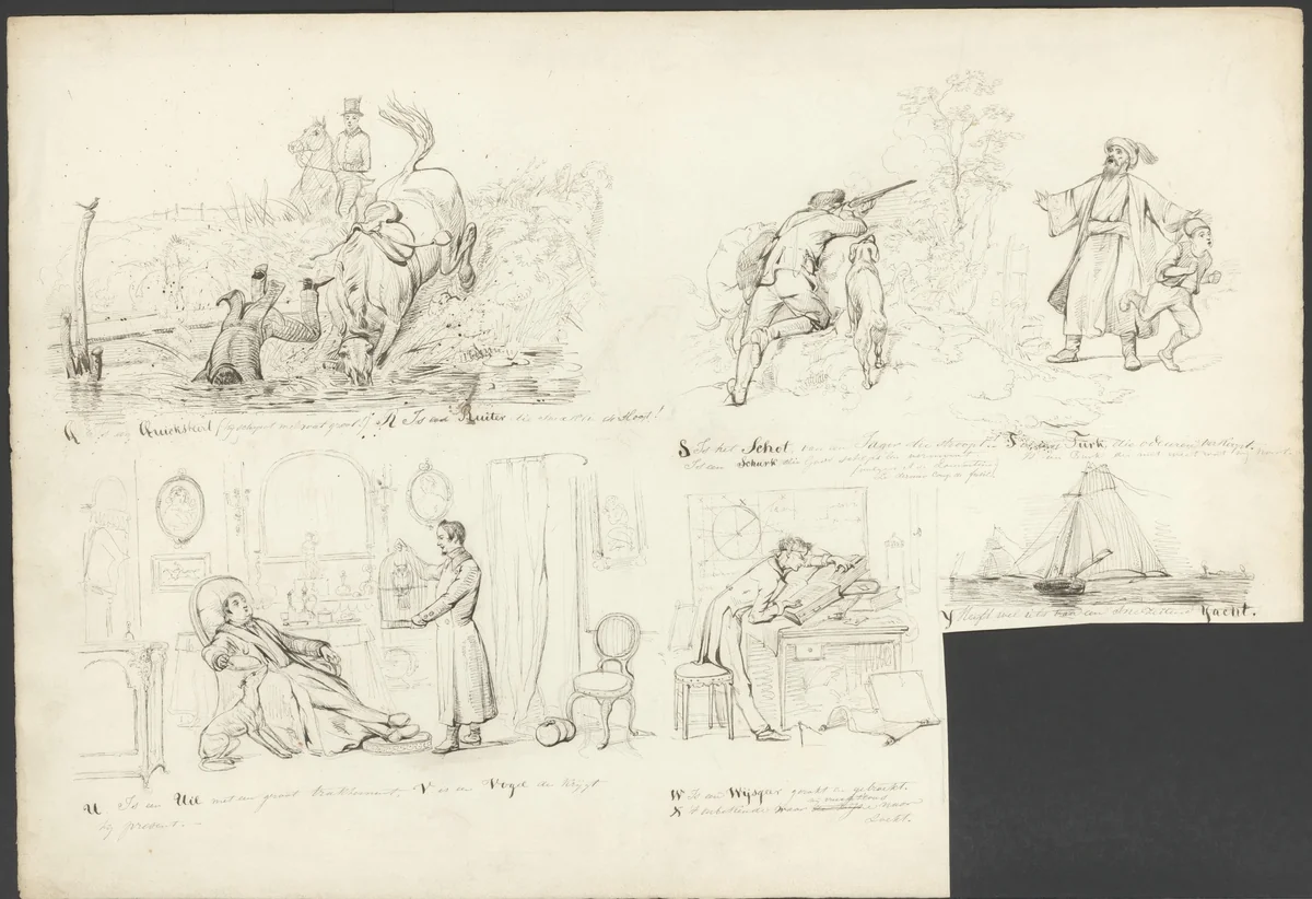 Voorstellingen bij de letters Q, R, S, T, U, V, W, X, Y by Karel Frederik Bombled, drawing, 1864-1902