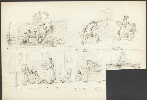 Voorstellingen bij de letters Q, R, S, T, U, V, W, X, Y by Karel Frederik Bombled, drawing, 1864-1902