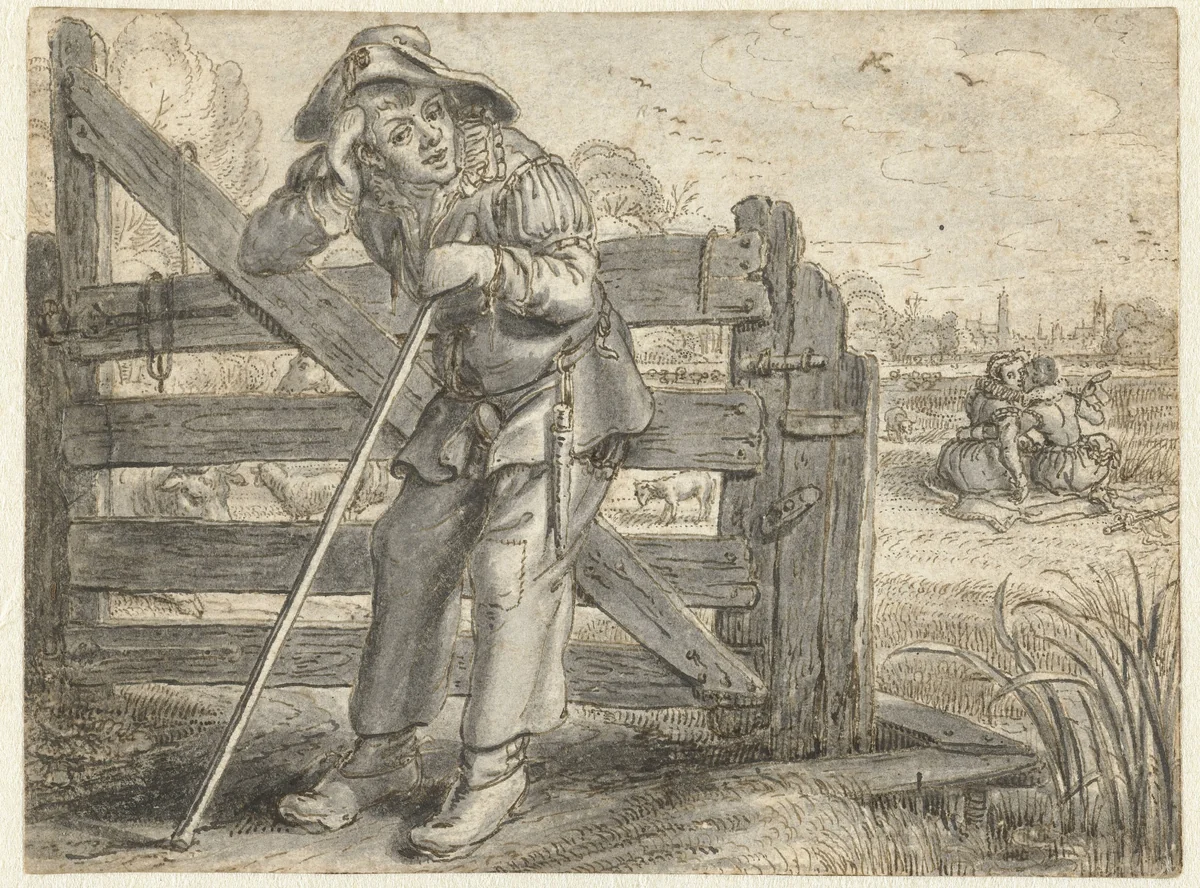 The Crazed Amour of Fat Leendert and Lijsje Teunis, with Joncker Maerten by Adriaen Pietersz van de Venne, drawing, 1623