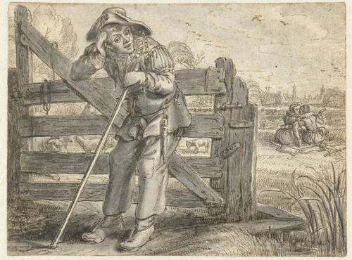 The Crazed Amour of Fat Leendert and Lijsje Teunis, with Joncker Maerten by Adriaen Pietersz van de Venne, drawing, 1623