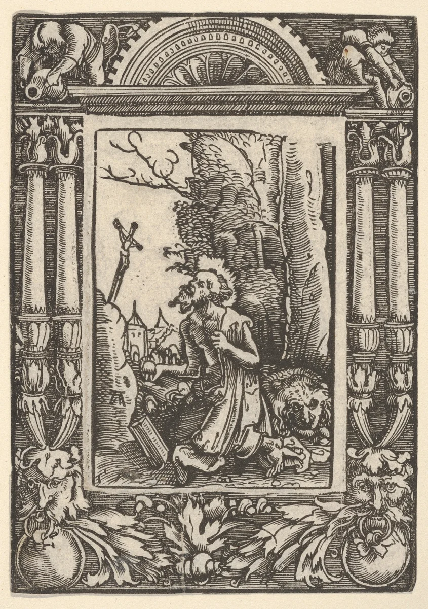 Saint Jerome in Penitence, in a Renaissance Frame by Albrecht Altdorfer, print, 1500-1538