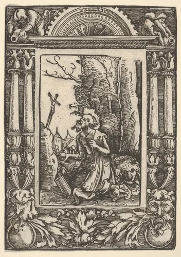 Saint Jerome in Penitence, in a Renaissance Frame by Albrecht Altdorfer, print, 1500-1538