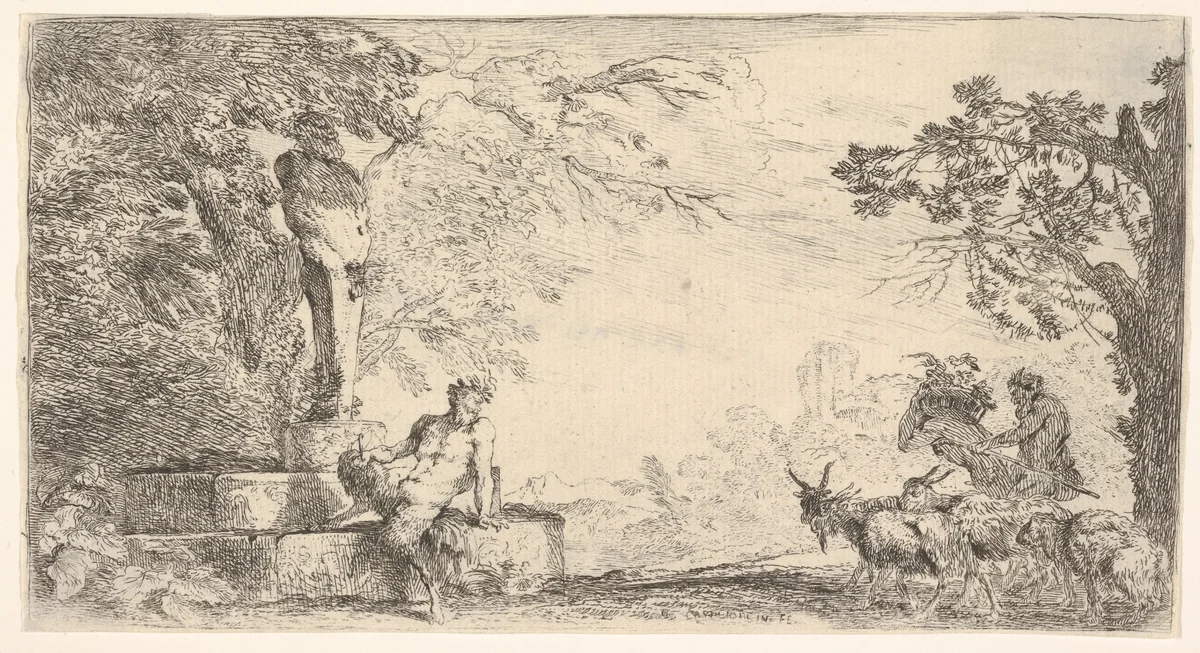 A satyr reclining at the foot of a staute of Priapus, goats at the right by Giovanni Benedetto Castiglione, print, 1640-1650